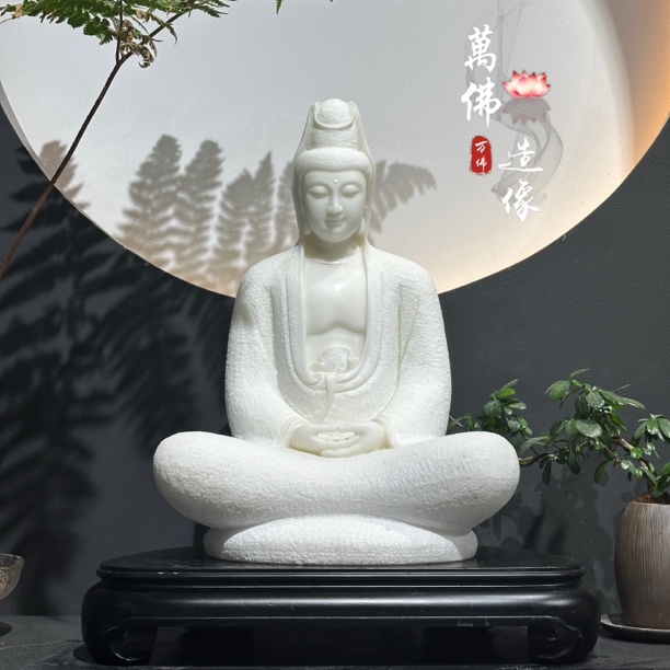 天然汉白玉手凿面圆满观音家用佛堂办公室客厅造像摆件