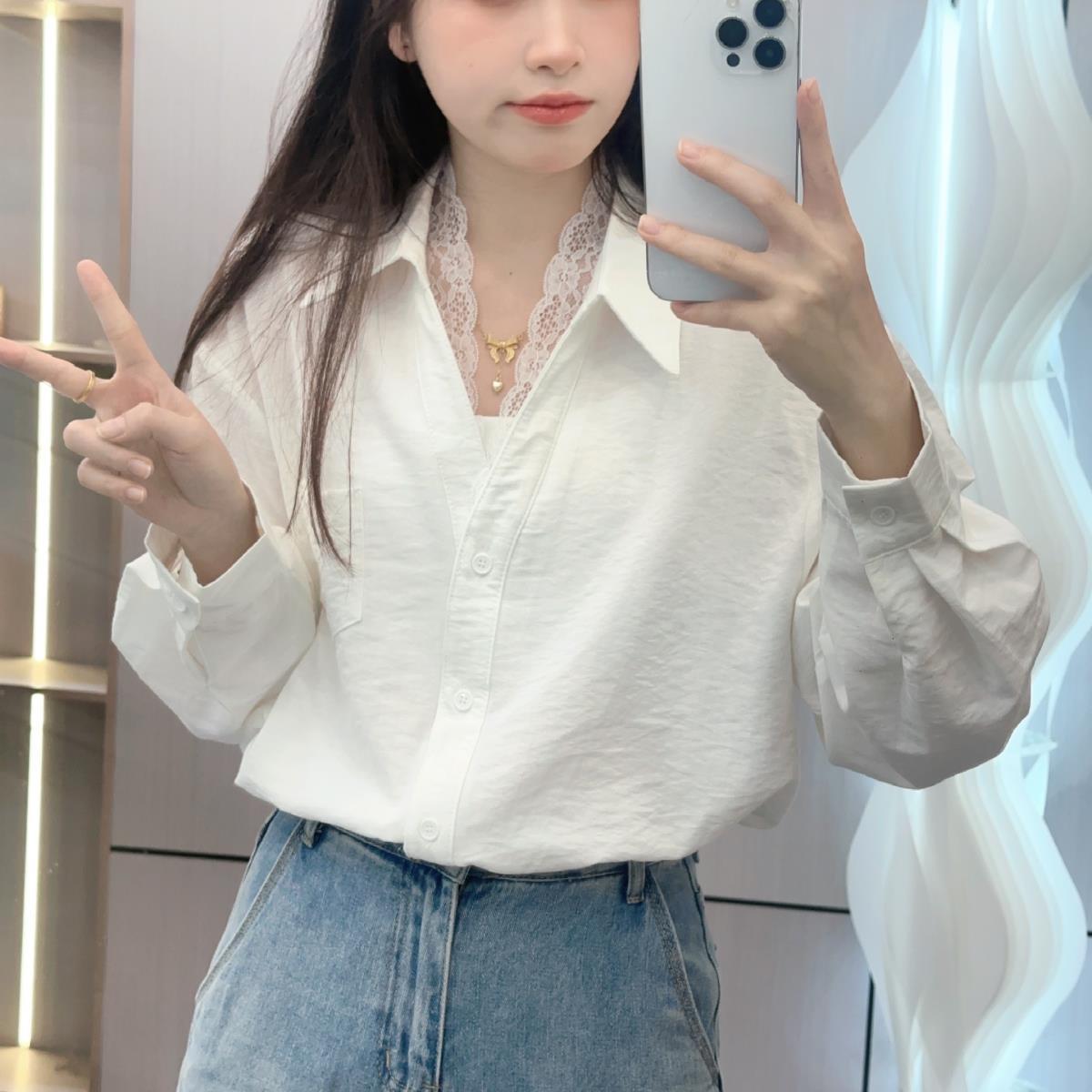 白色蕾丝拼接长袖衬衫女2025秋新款纯色衬衣精致百搭宽松上衣衬衣