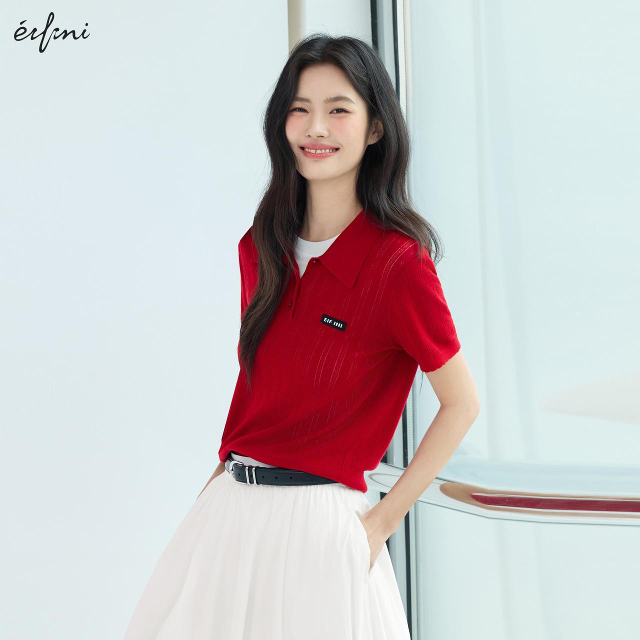 伊芙丽莱赛尔MIU系针织T恤女25夏季Polo领短袖时尚上衣1G4930981