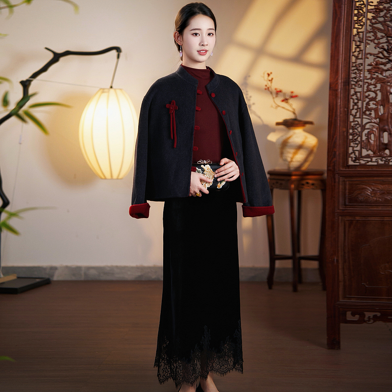玺玥羊毛羊绒毛呢中式唐装秋冬保暖加厚复古撞色外套上衣T25011