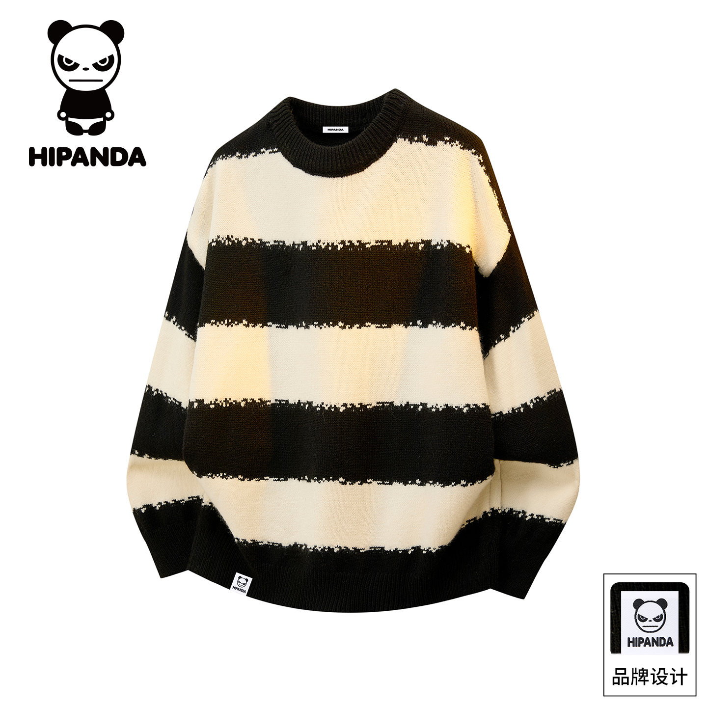Hi Panda你好熊猫美式条纹毛衣男士秋冬新款慵懒风圆领休闲针织衫