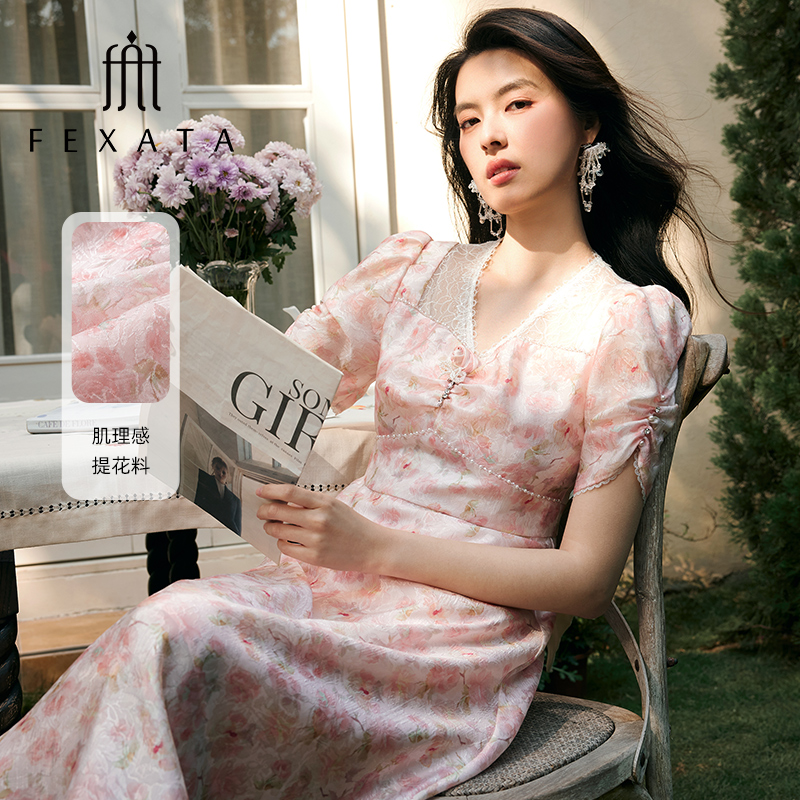 【媛媛女王严选】FEXATA斐格思V领收腰复古油画度假风连衣裙长裙