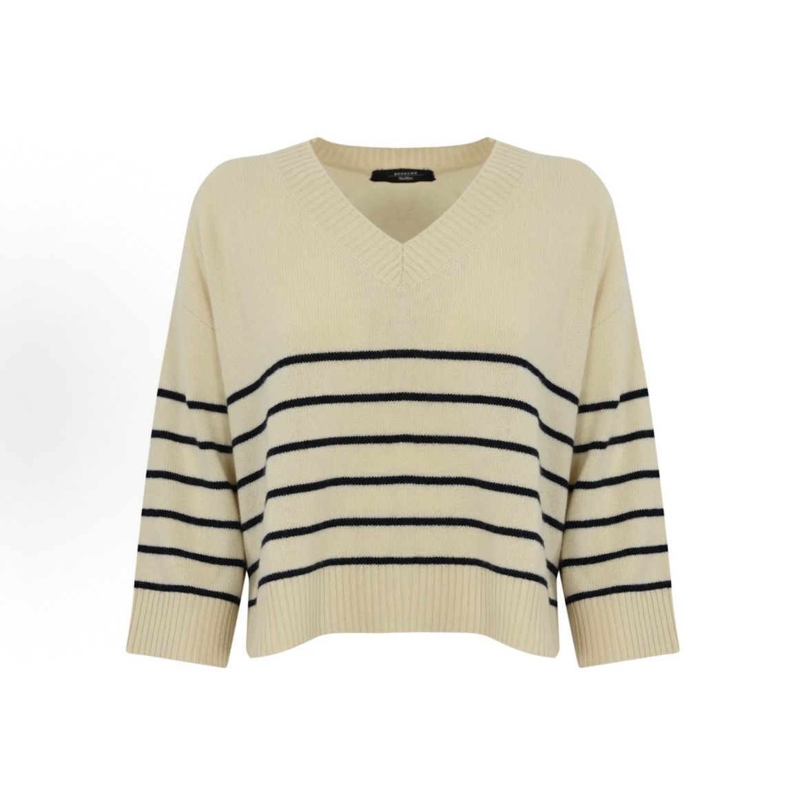 未使用 MaxMara WEEKEND 条纹V领套头长袖毛衣 女款 米白色