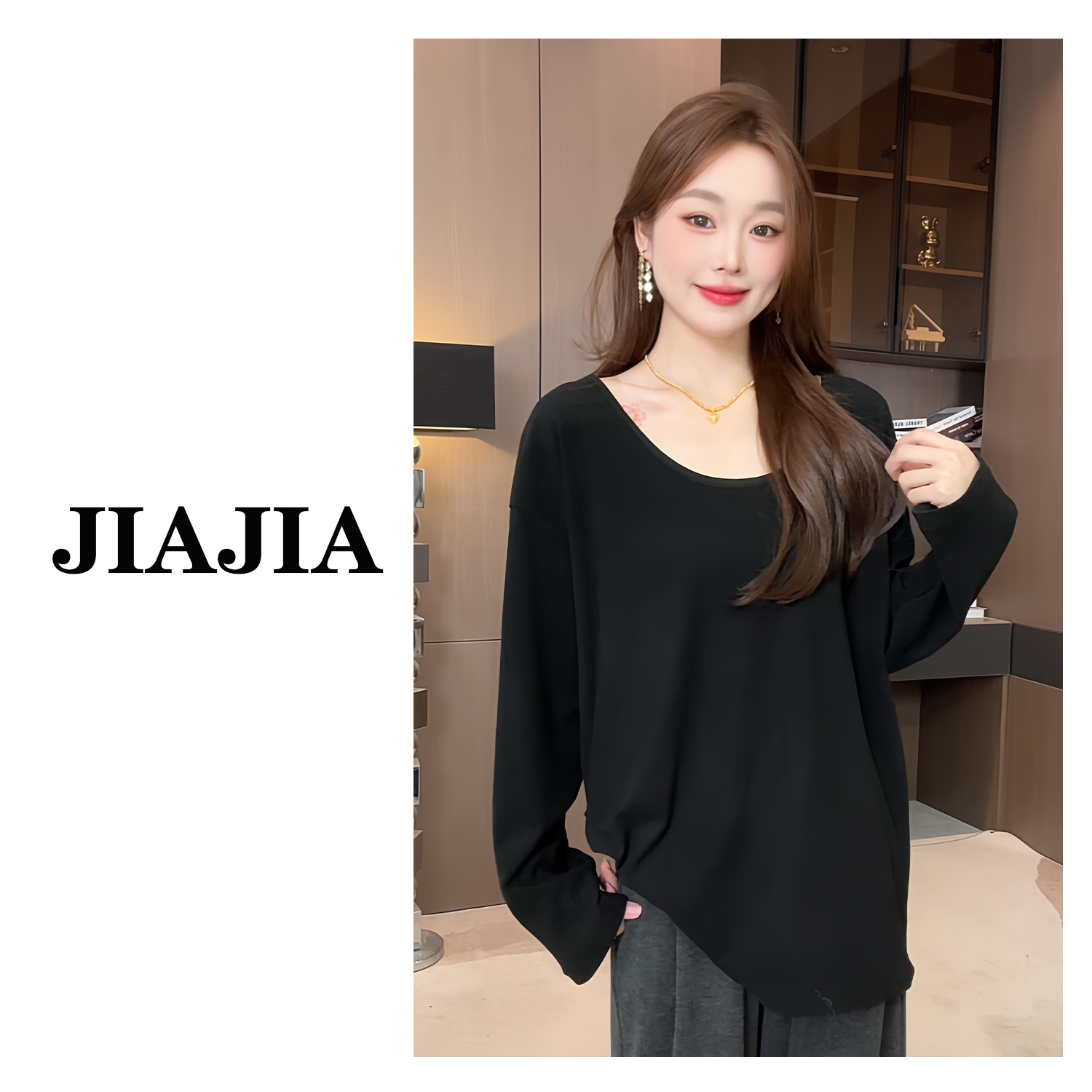 【双面绒感】U领慵懒德绒大领口宽松oversize秋冬小众长袖打底T恤女