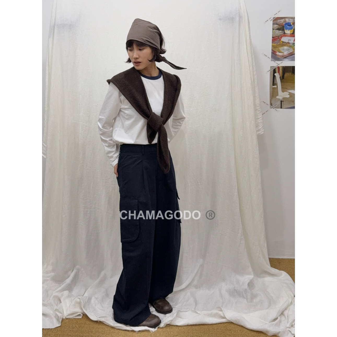 CHA MA GO DO10394休闲百搭侧口袋花苞腰工装裤