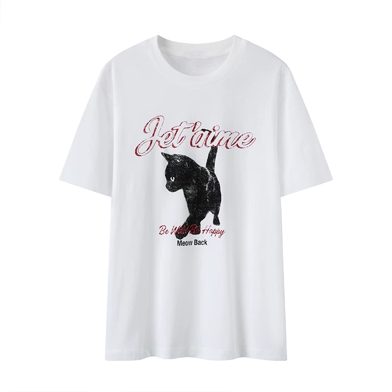 M+商场同款女装2025夏新款时尚百搭宽松萌宠猫咪印花圆领短袖T恤