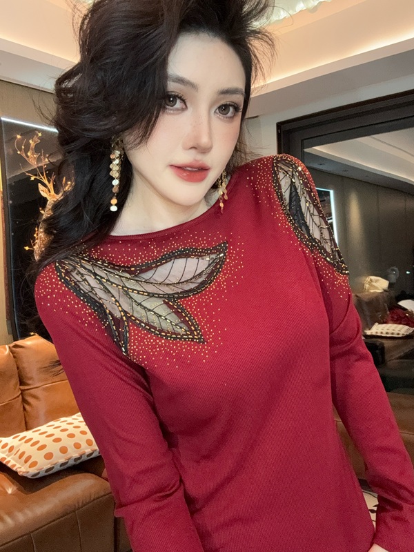 大漂亮严选-树叶金钻镂空打底衫冬季爆款时尚重工烫钻长袖女