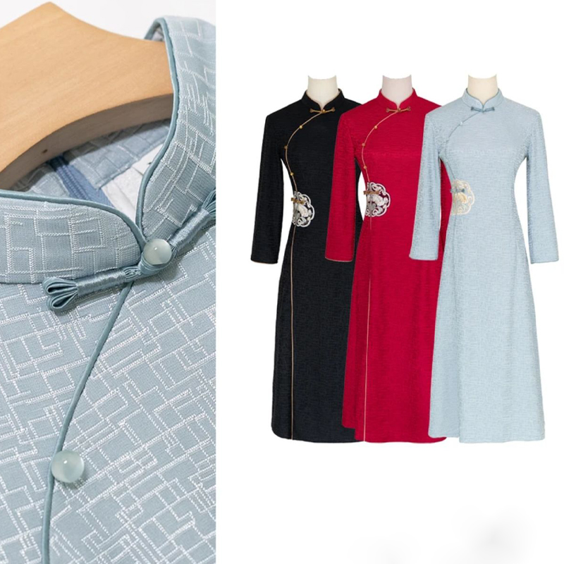 立领新款圆襟直襟长袖无开衩旗袍复古中式网红裙子中国风春秋