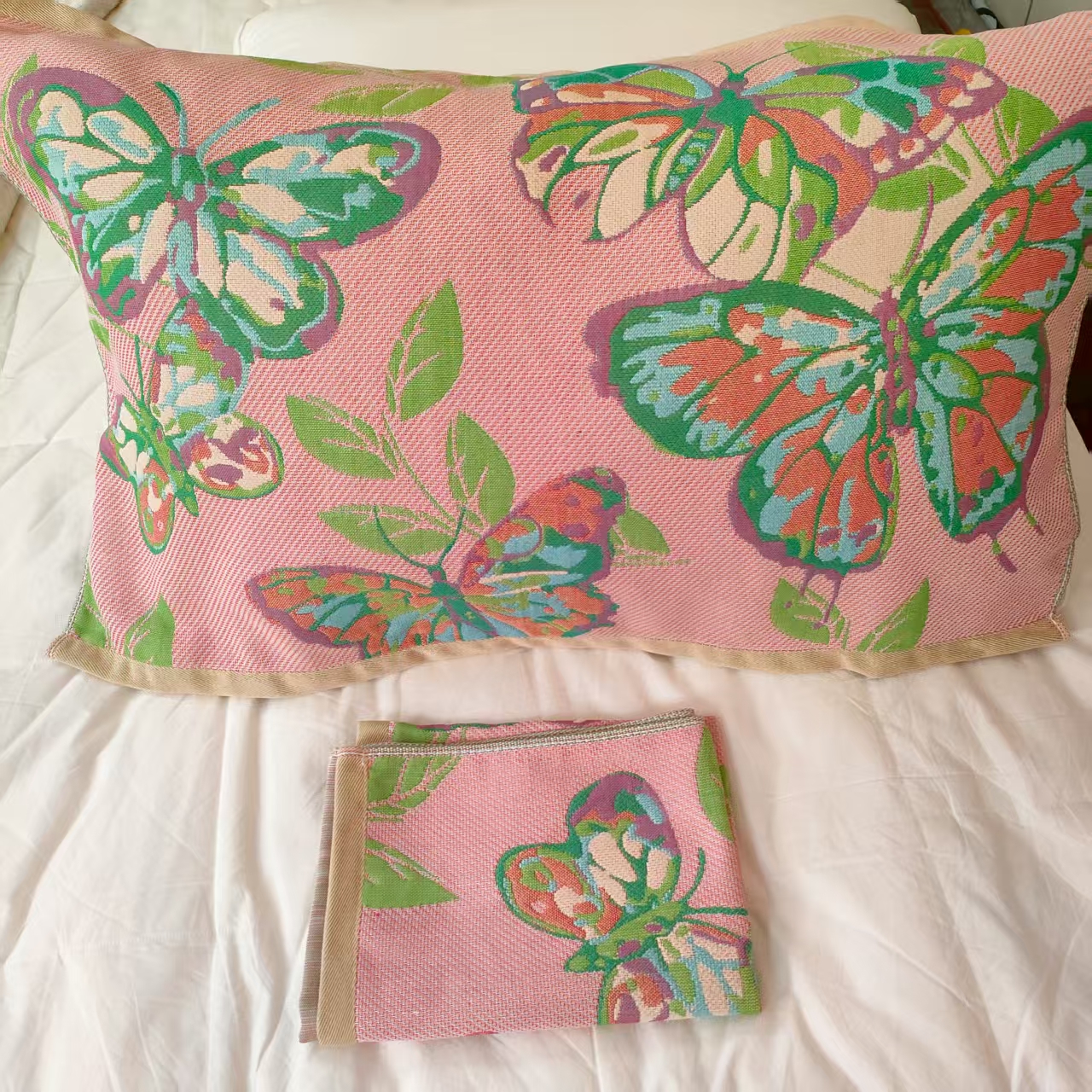 【彩蝶纷飞-粉】52*78高密枕巾柔软高档透气枕巾（一对装）