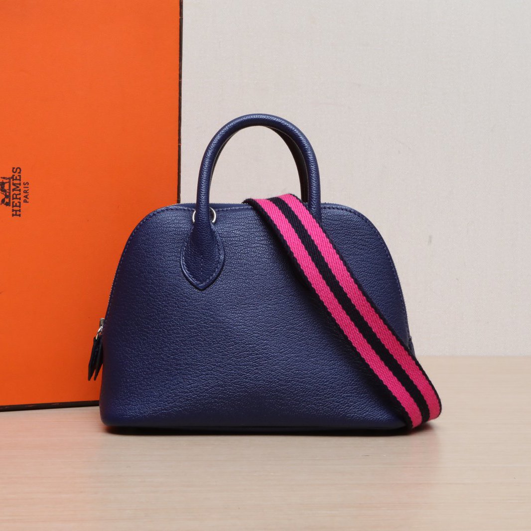 99新 Hermes/爱马仕 小花6欢 保龄球包 Mini 19 海军蓝 B刻 银扣