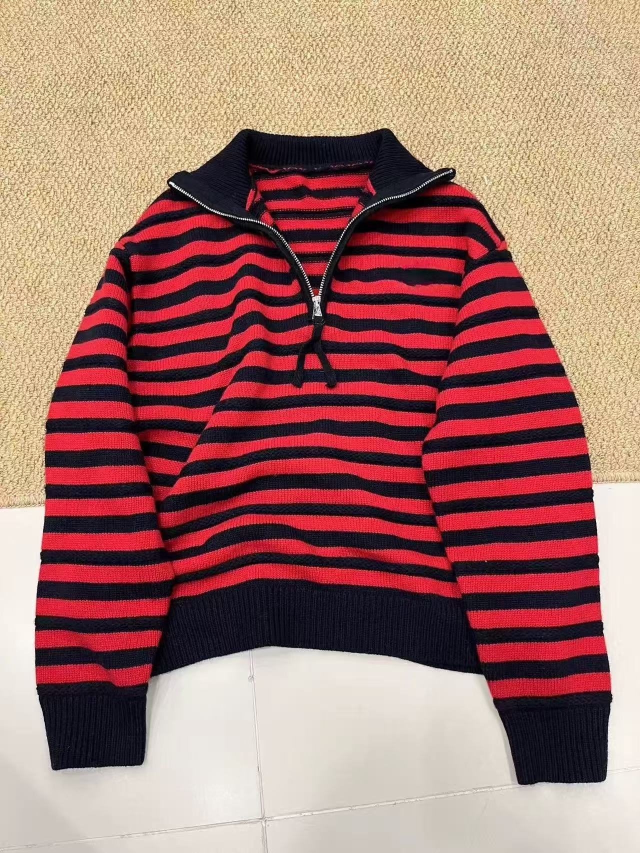 9218-3682 条纹厚款翻领显瘦休闲半拉链针织衫