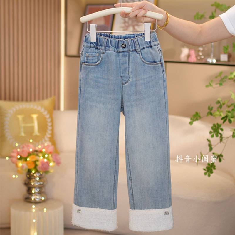 【闺蜜家】女童秋季2025新款韩系复古松紧腰直筒加厚牛仔裤潮-8884