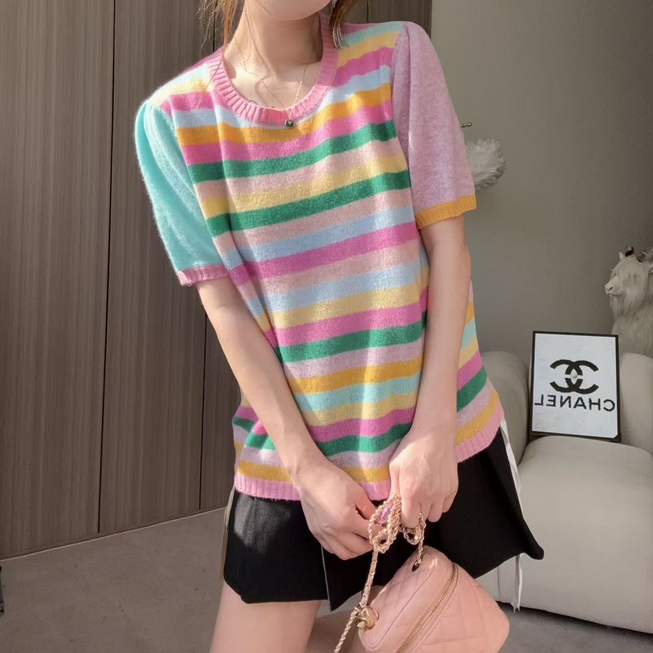 【百分百山羊绒】254020甜美彩虹配色款短袖圆领羊绒衫时尚百搭款