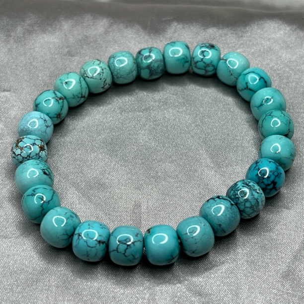 高瓷绿松石水草纹老型珠手串，珠径9.1mm,重25.5克，