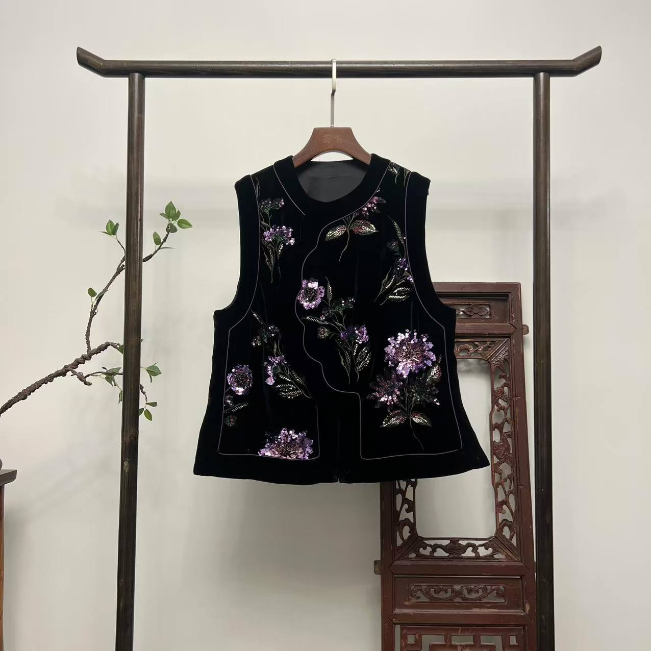 【紫烟花】真丝丝绒新中式国风秋冬马夹M40144