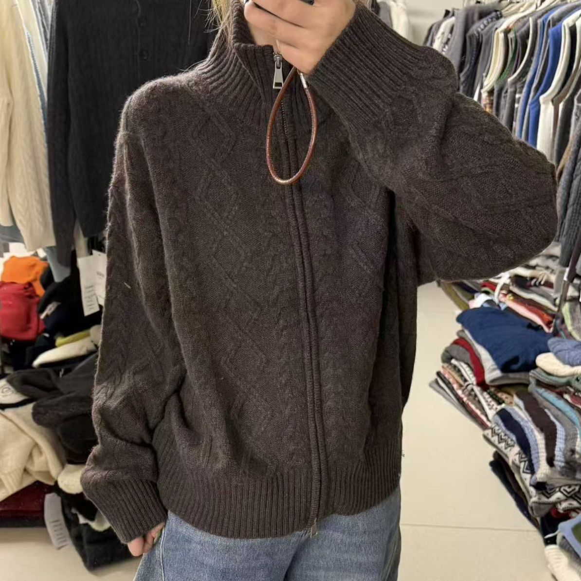 慵懒风百搭麻花纹拉链针织开衫毛衣女白色宽松外套上衣6363