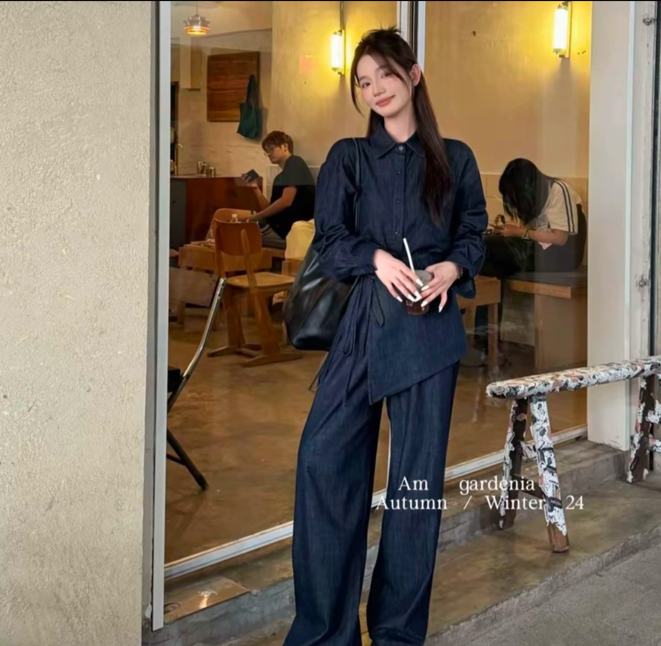 秋季复古高级感牛仔衬衫阔腿裤套装