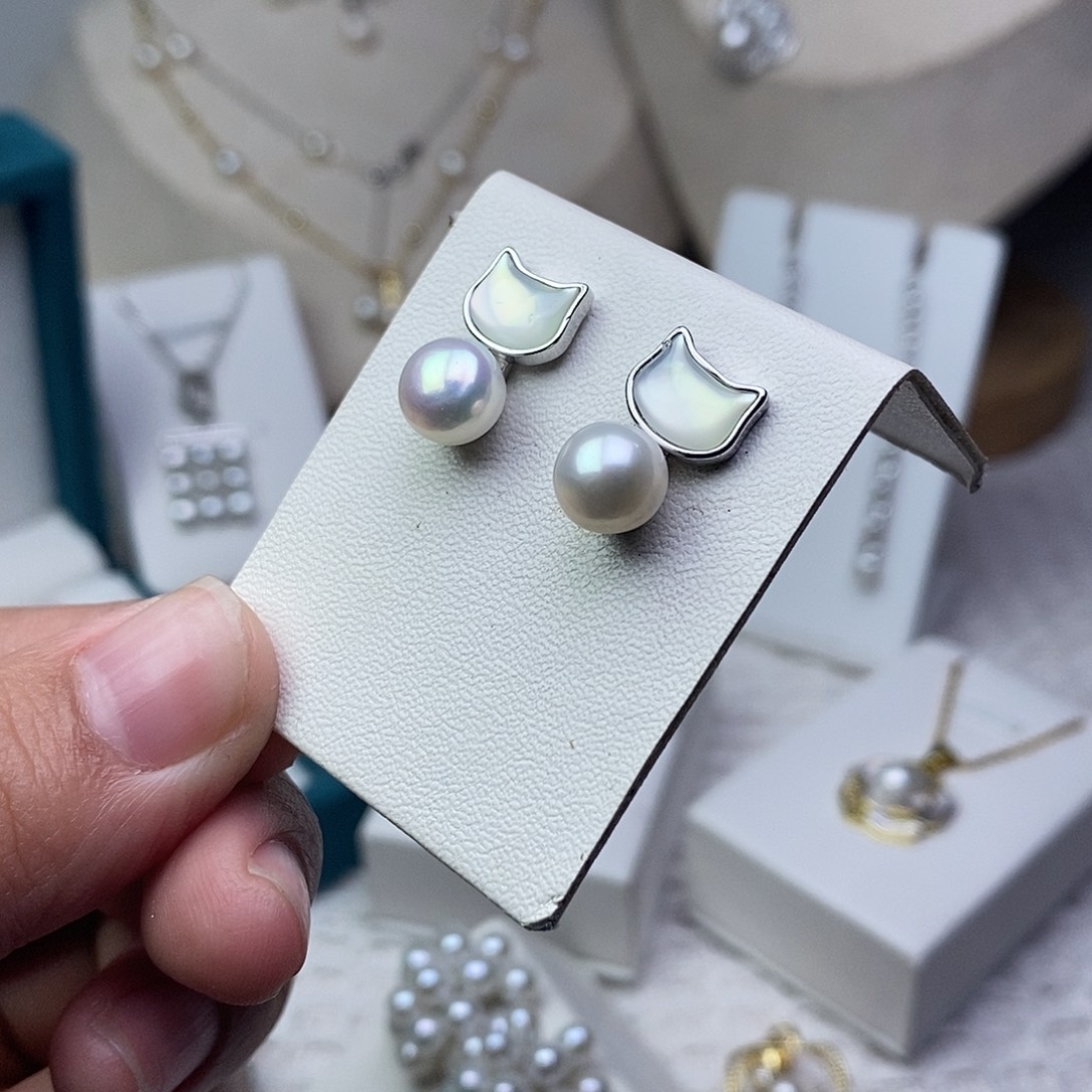 耳饰银S925镶嵌淡水珍珠