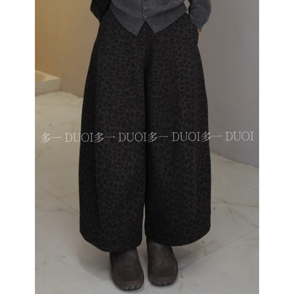 多一“豹纹裤”2025冬季豹纹中骨线高腰一粒扣百搭薄绒弯刀阔腿裤