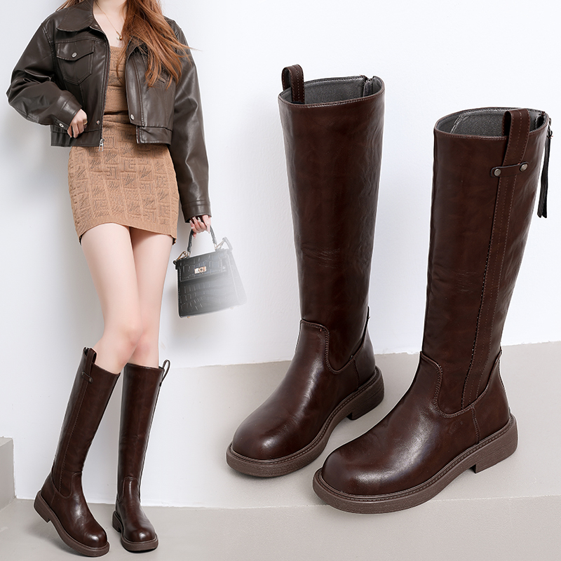 长筒加绒厚底小个子小腿粗靴子时装靴高筒靴时尚百搭真皮粗跟骑士