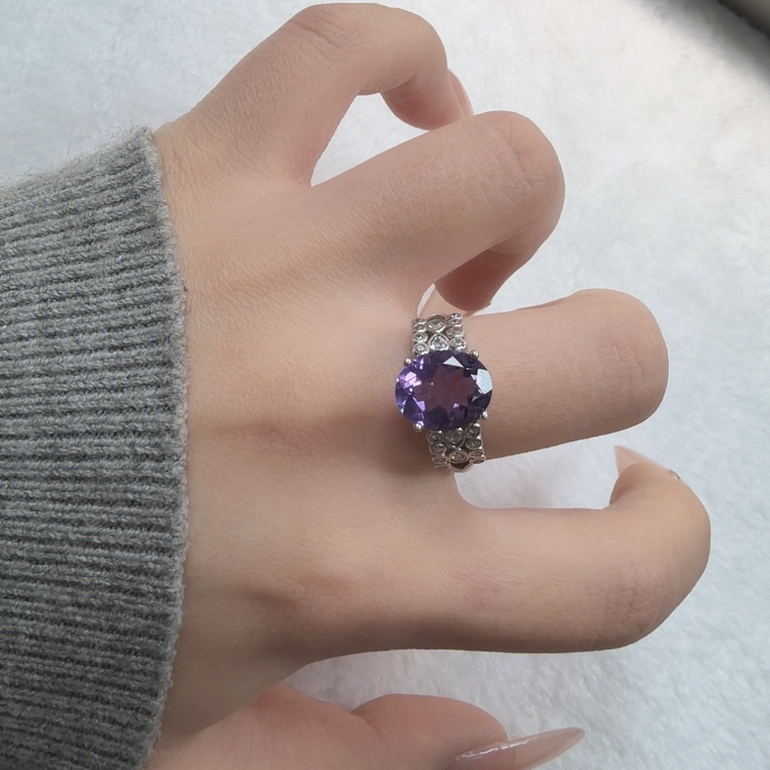 戒指银S925镶嵌紫晶宽戒臂帝王紫
