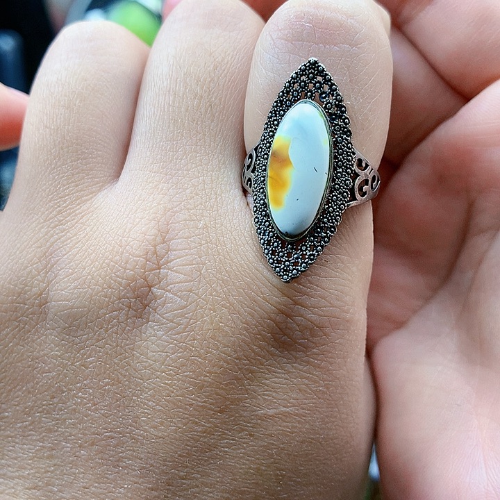 琥珀裸石银S925镶嵌戒指