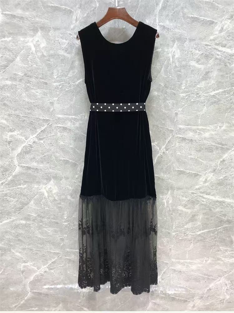 法式风气质女人味夏季真丝丝绒薄款下摆拼接网纱连衣裙时尚