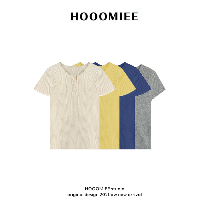 Hooomiee小众半领亲肤百搭薄款女士针织短袖J25150