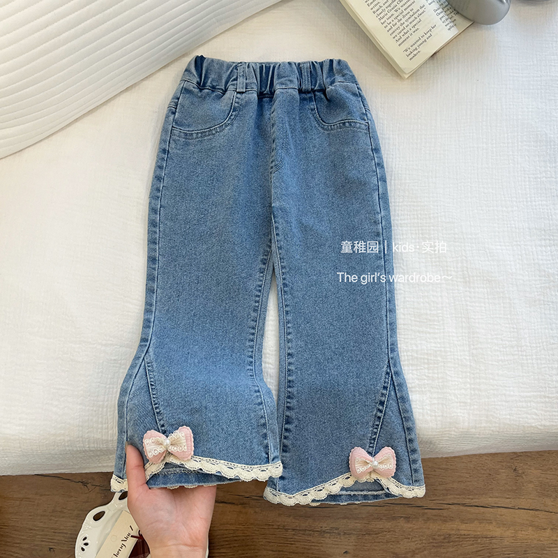 女童秋季新款牛仔裤立体蝴蝶结微喇裤女宝宝时尚洋气休闲裤子潮