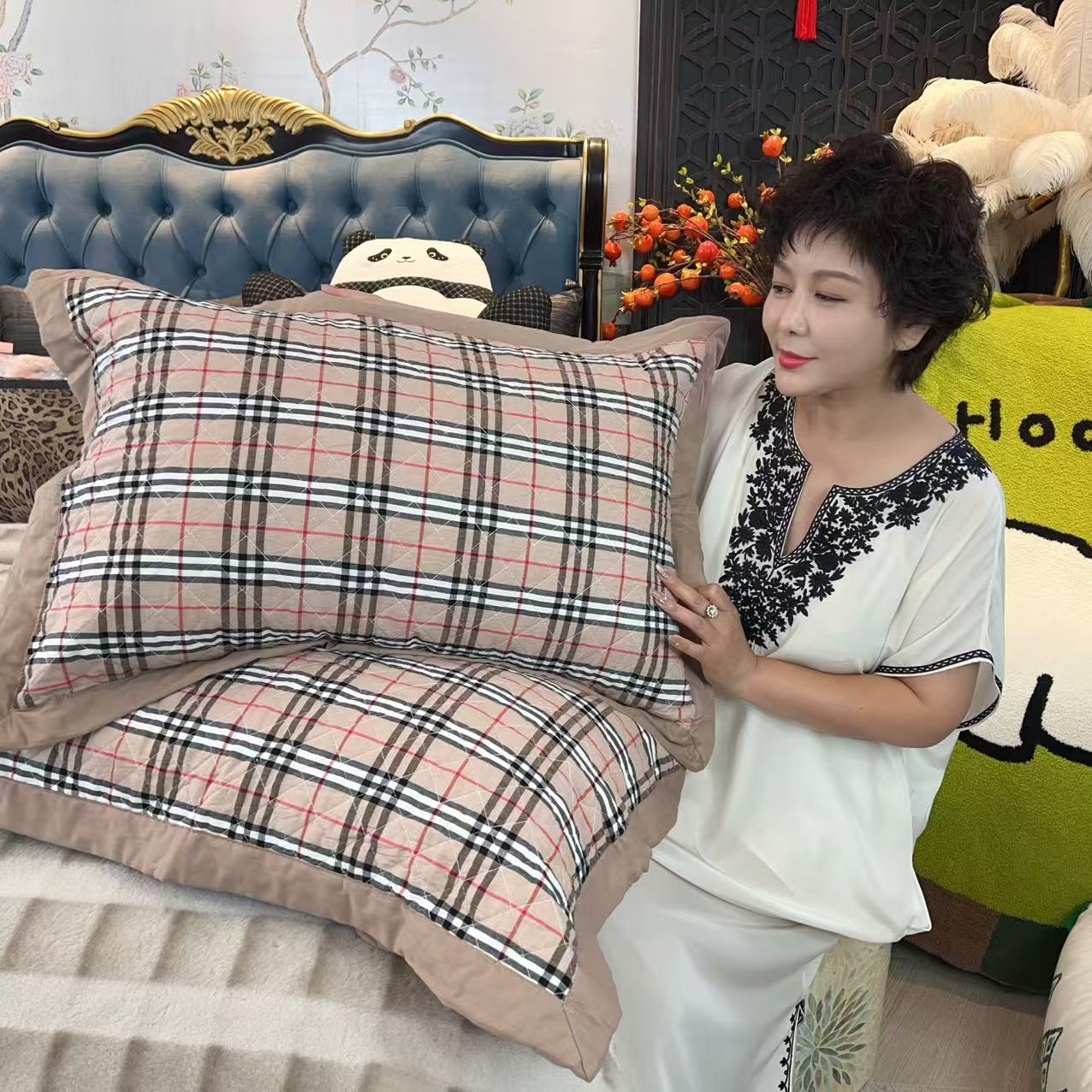 色织水洗全棉绗缝枕套48*72cm一对