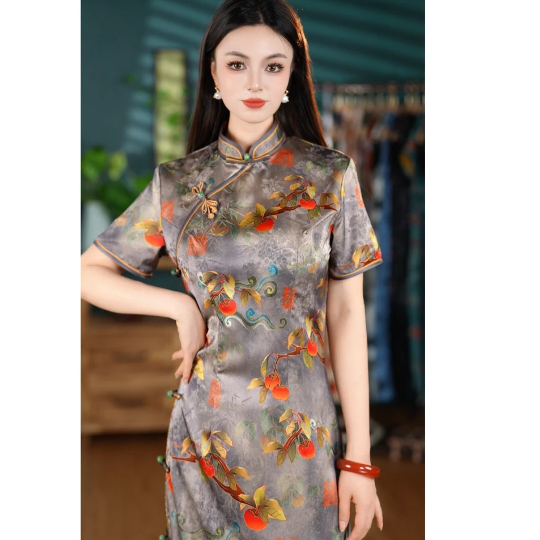 9045-柿柿如意老苏州气质旗袍优雅款侧八扣款