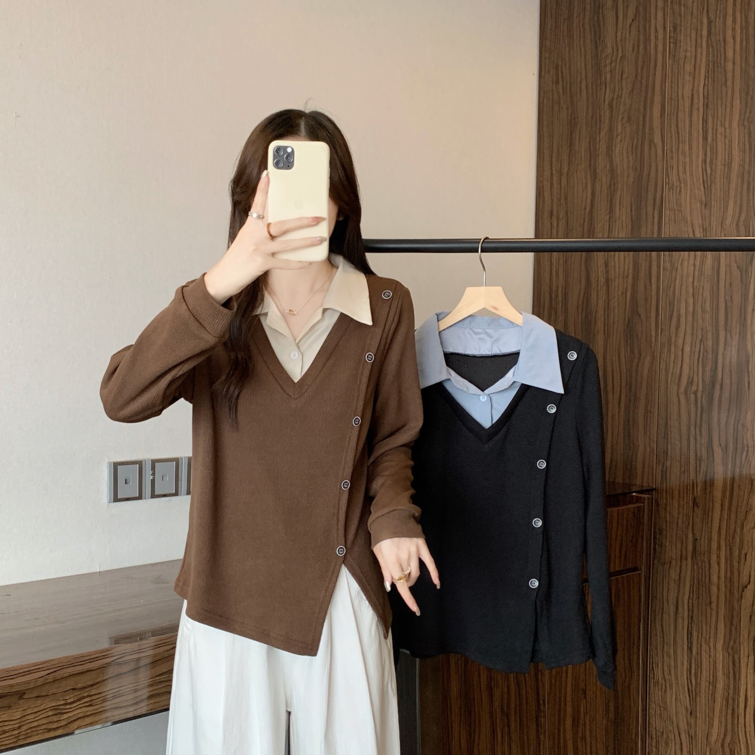 哺乳服外穿假两件长袖T恤秋冬胖mm大码女设计感显瘦不规则内搭衣