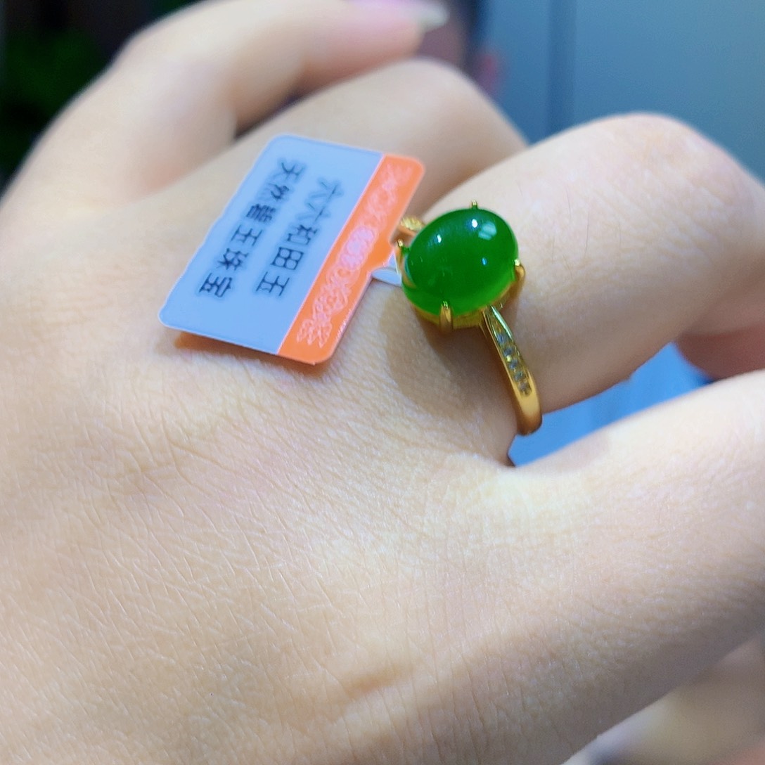 银S925镀金镶嵌戒指和田玉（碧玉）