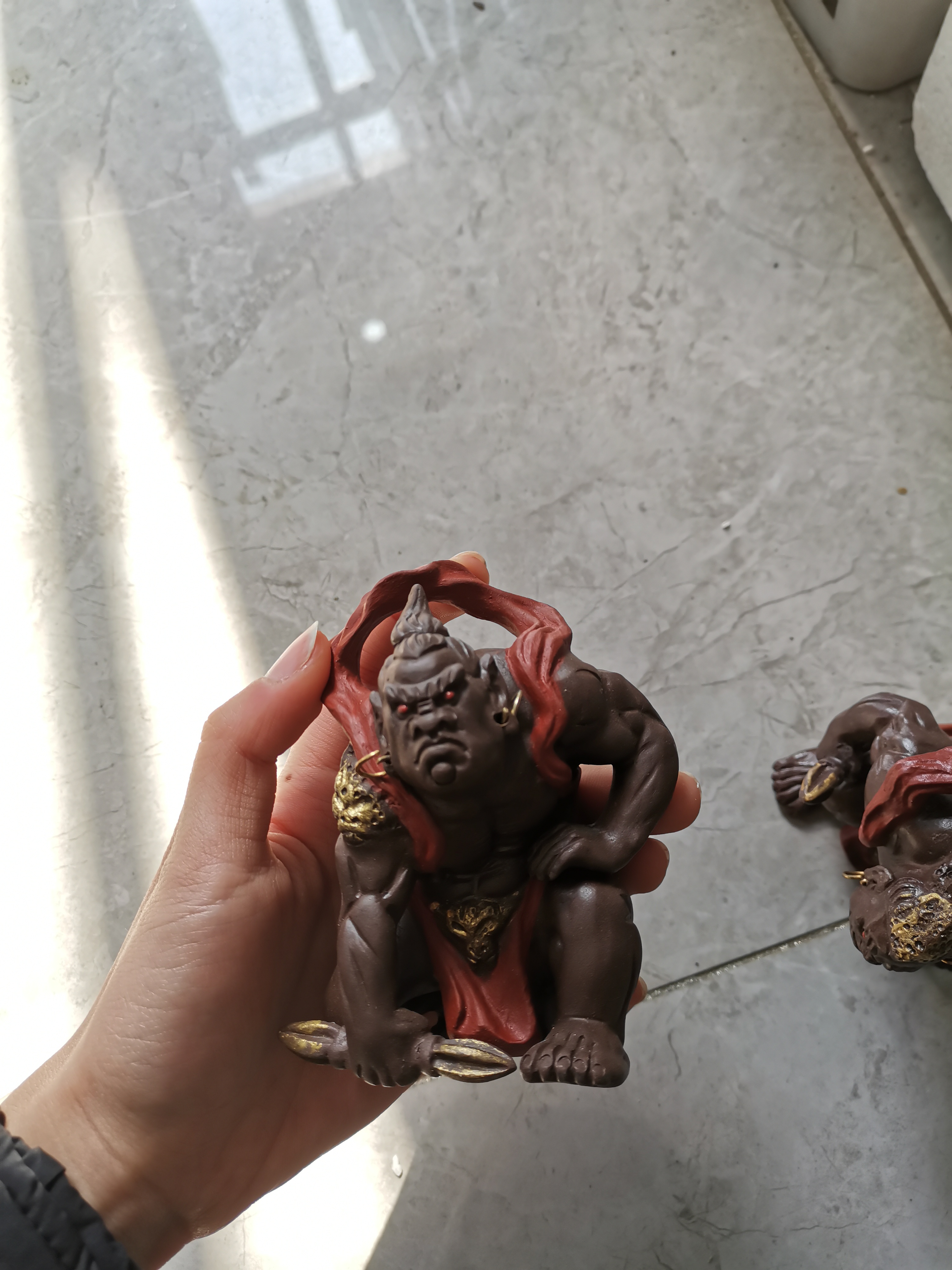 哼哈二将|袖珍门神宜兴紫砂茶宠描金带耳环紫泥手工制作可养