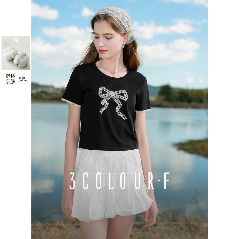 【品牌福利】三彩独醒2025春季新款蝴蝶结印花T恤花边拼接圆dbq