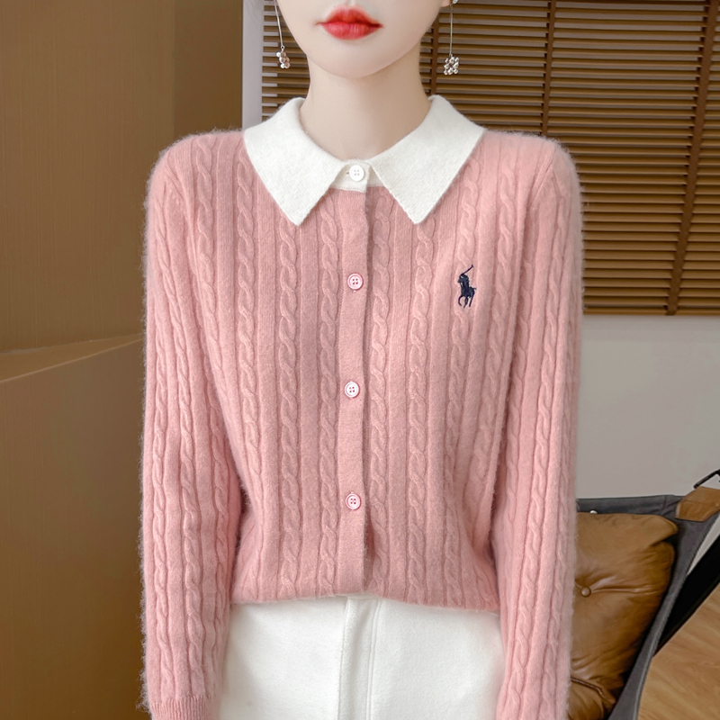 美者颜如玉~假两件翻领撞色羊毛开衫女刺绣新款POLO领羊毛衫女款