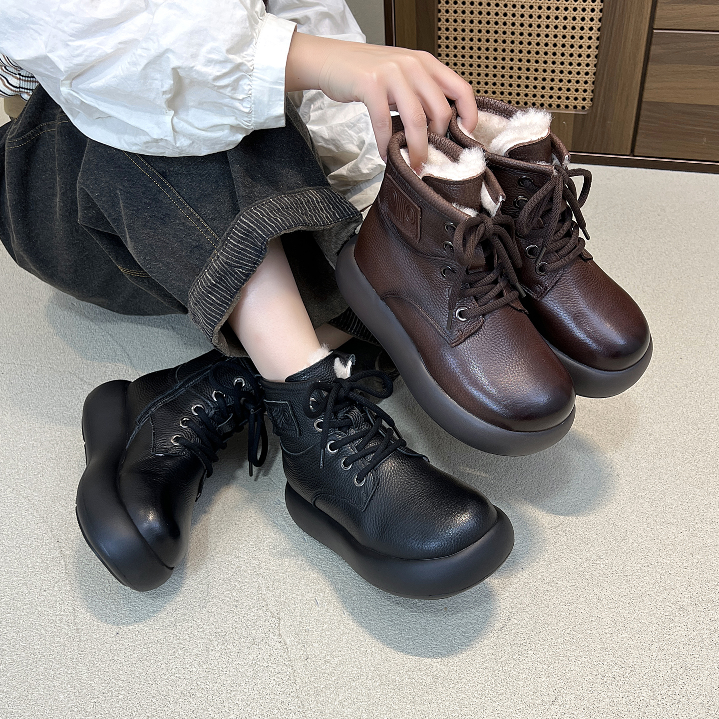 【皮毛一体羊毛】 靴厚底圆头系带马丁靴女2025冬头层牛皮保暖棉鞋