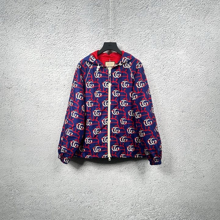 99新 GUCCI/古驰 双G字母船锚蓝色休闲尼龙连帽夹克 46