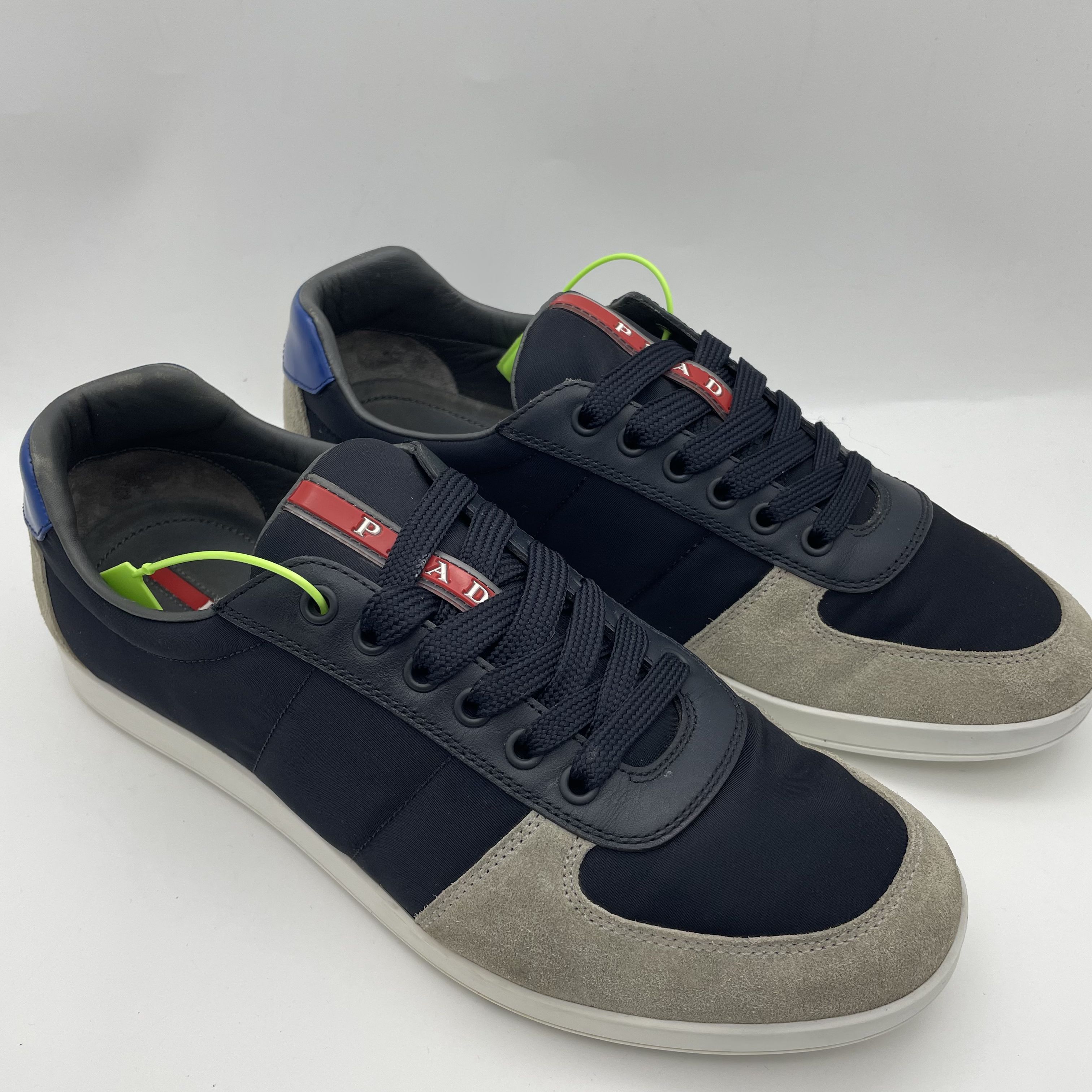 95新 Prada/普拉达 41.5欧码/麂皮拼接藏青色休闲板鞋