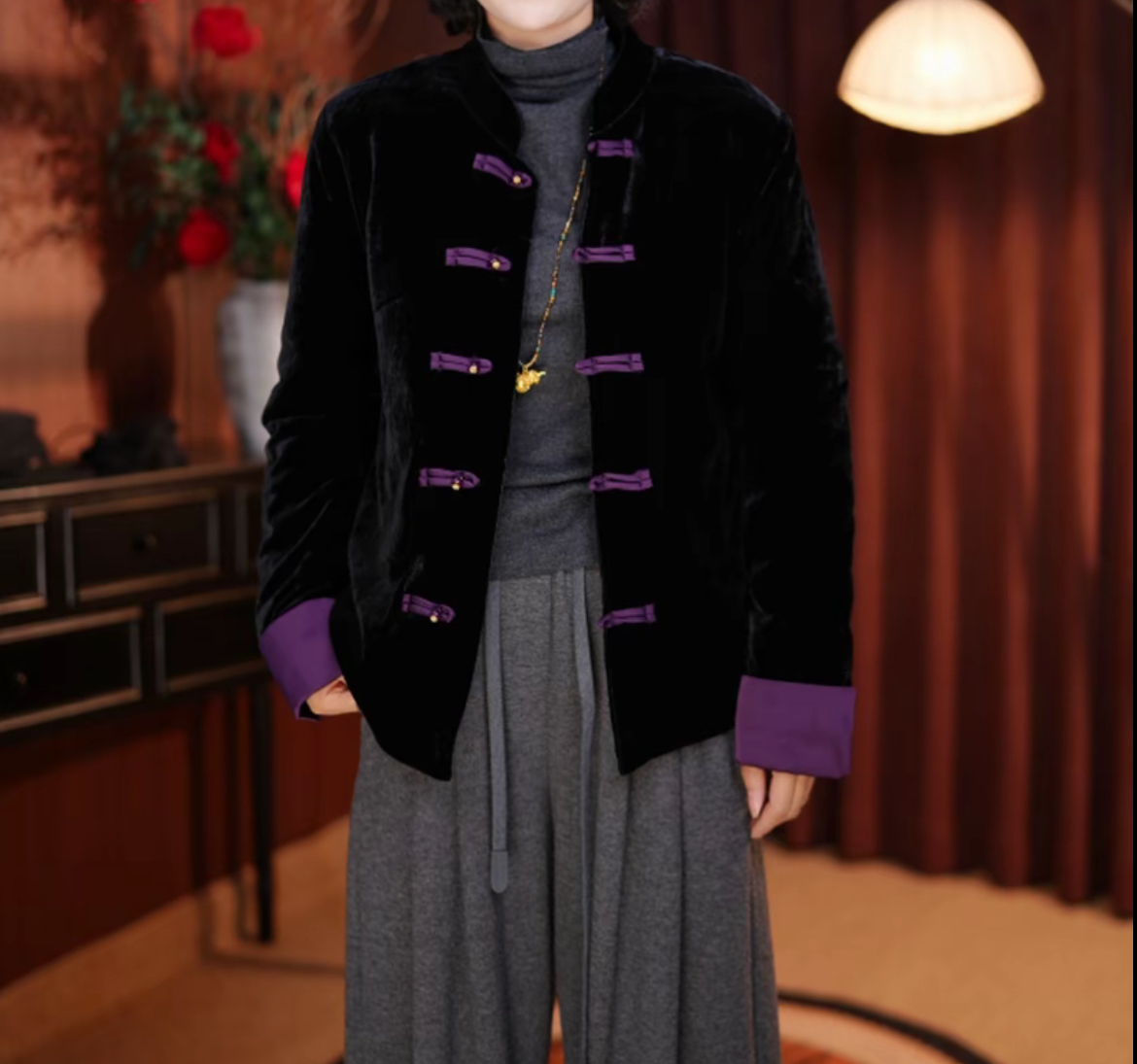 冬季新款宽松型长袖立领加厚款盘扣女装中国风棉服外套（里衬格子）