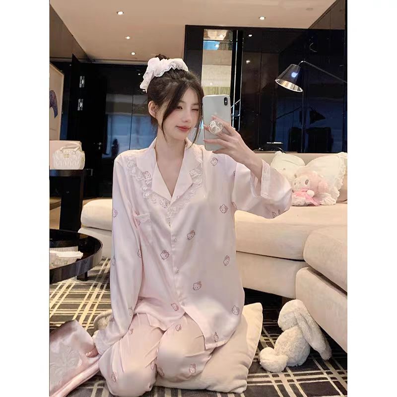2025春秋寄大码睡衣女宽松冰雪丝感长袖长裤大码睡衣家居服套装