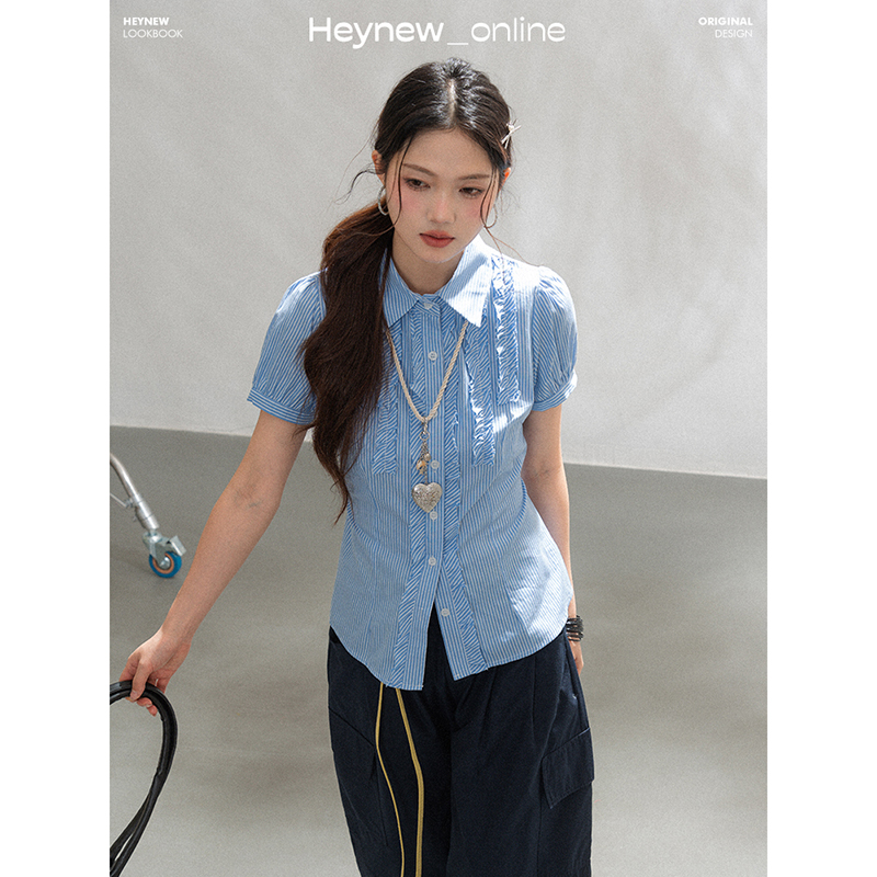 【LOVEHEYNEW黑妞 蓝色小众设计】木耳边条纹衬衫
