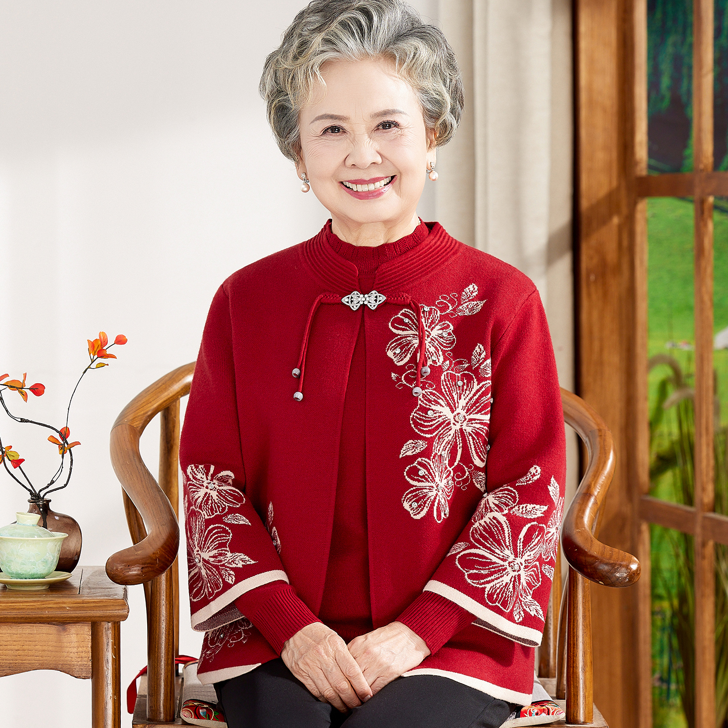 本命年奶奶秋装针织衫两件套婆婆妈妈春秋天宽松套装老年人衣服女