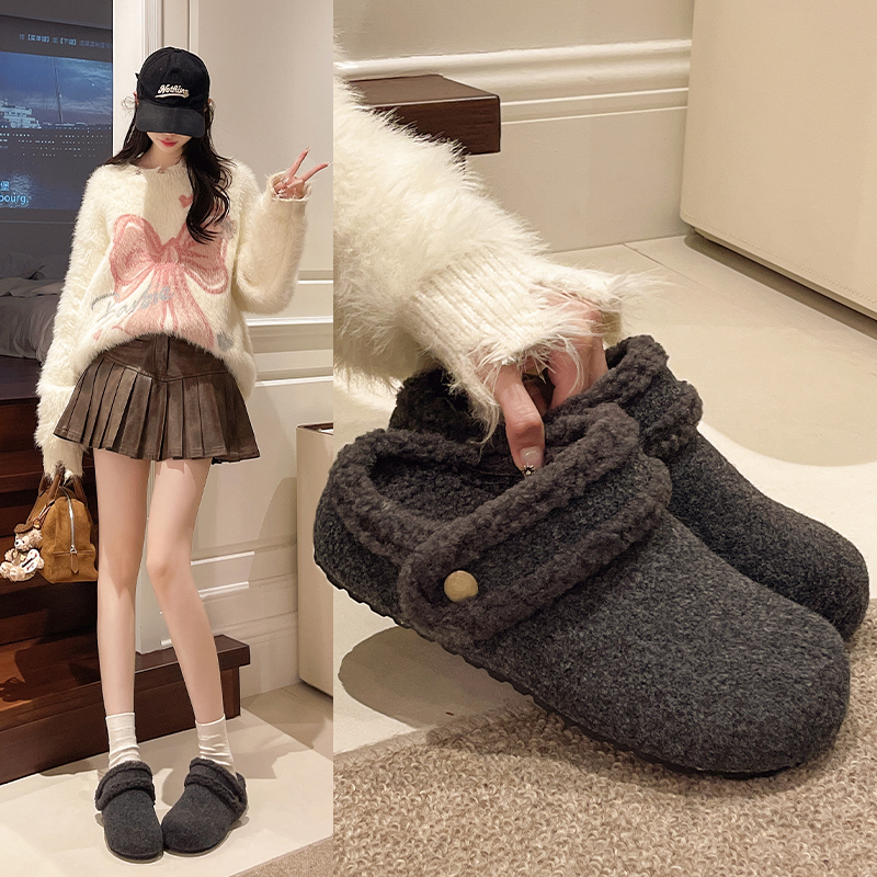 厚底两穿灰色毛呢加绒勃肯鞋女2025秋冬新款毛毛鞋包头棉拖鞋外穿