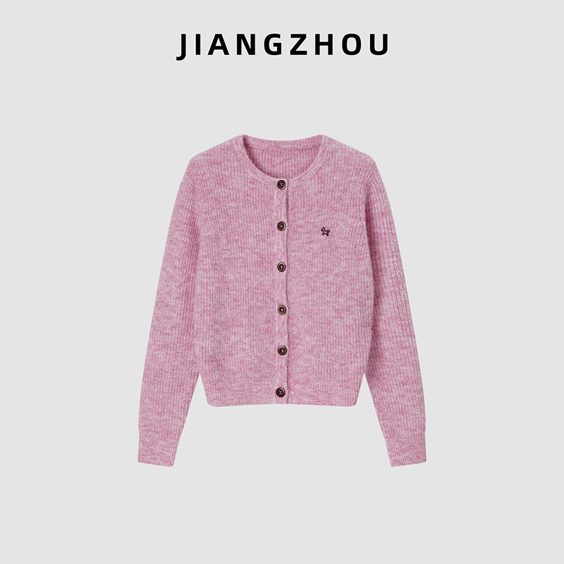 江洲【云樱】保暖秋冬新款甜美风圆领小马亲肤绒感花纱羊毛毛织开衫