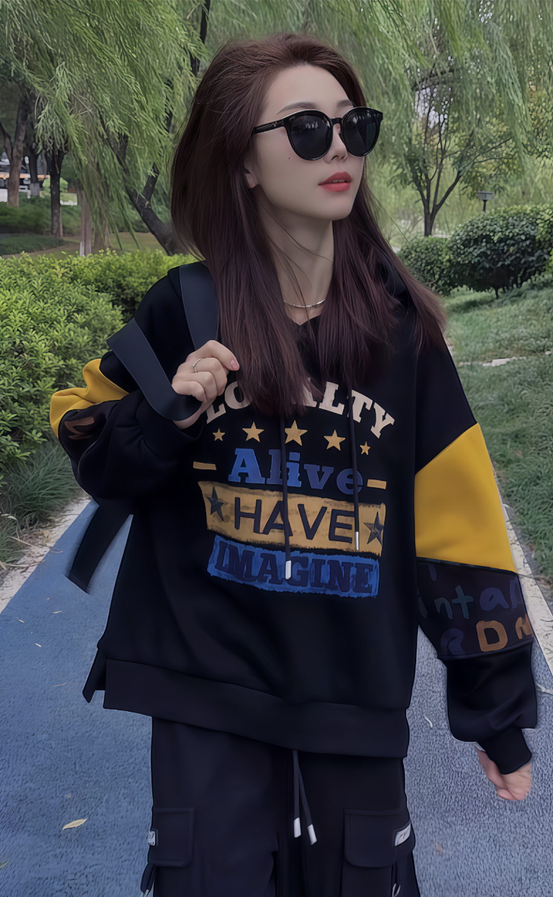 加绒新品复古拼色保暖宽松长袖冬季拼接休闲卫衣连帽美式显瘦百搭