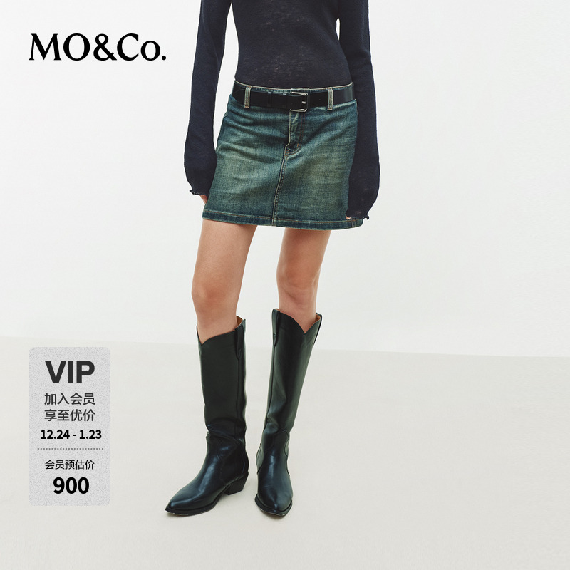 MOCO牛仔裙短裙2026春新品附条纹丝巾A字低腰灰蓝洗旧MBF1SKT012