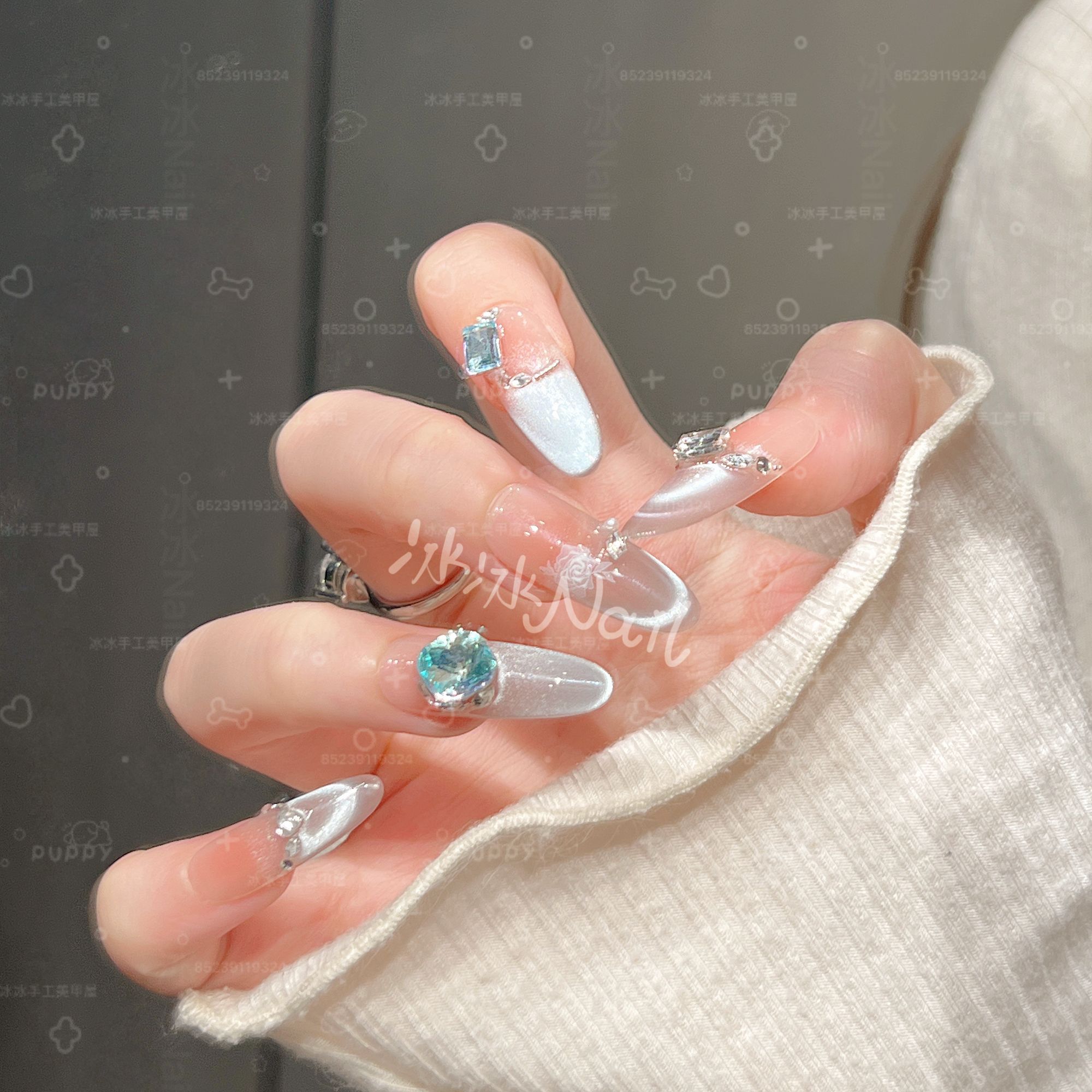 【冰岛玫瑰】爆闪猫眼手工穿戴甲中长款高颜值小众美甲