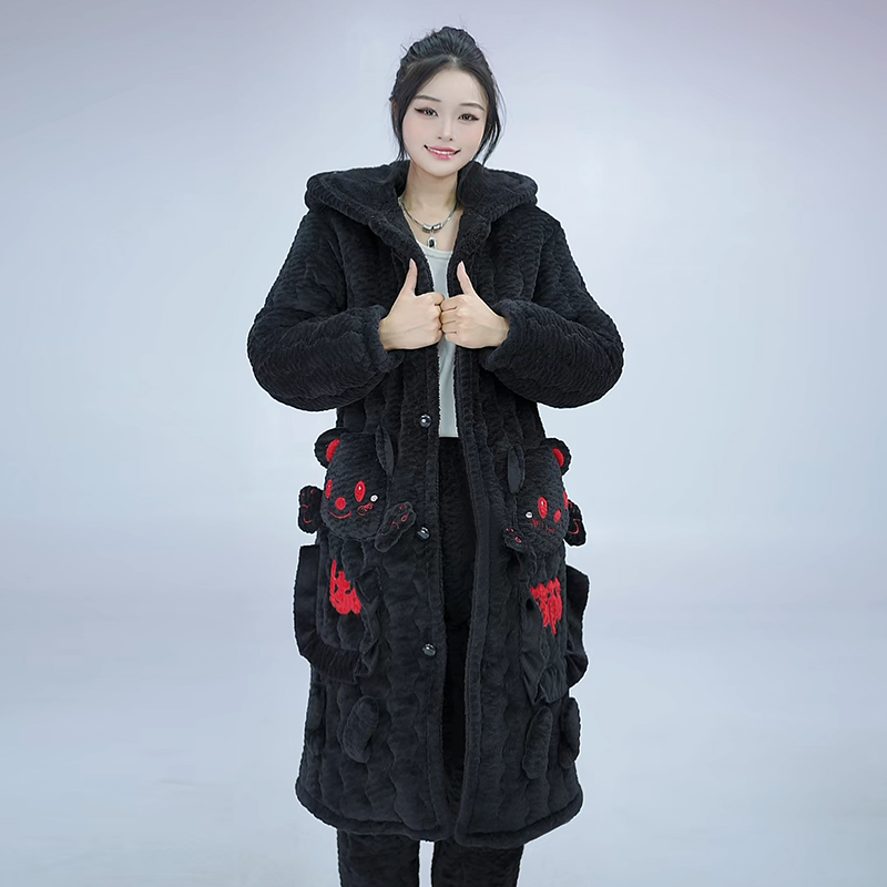女士三层加绒甜美网红套装家居服秋冬加厚保暖可外穿大码连帽睡衣