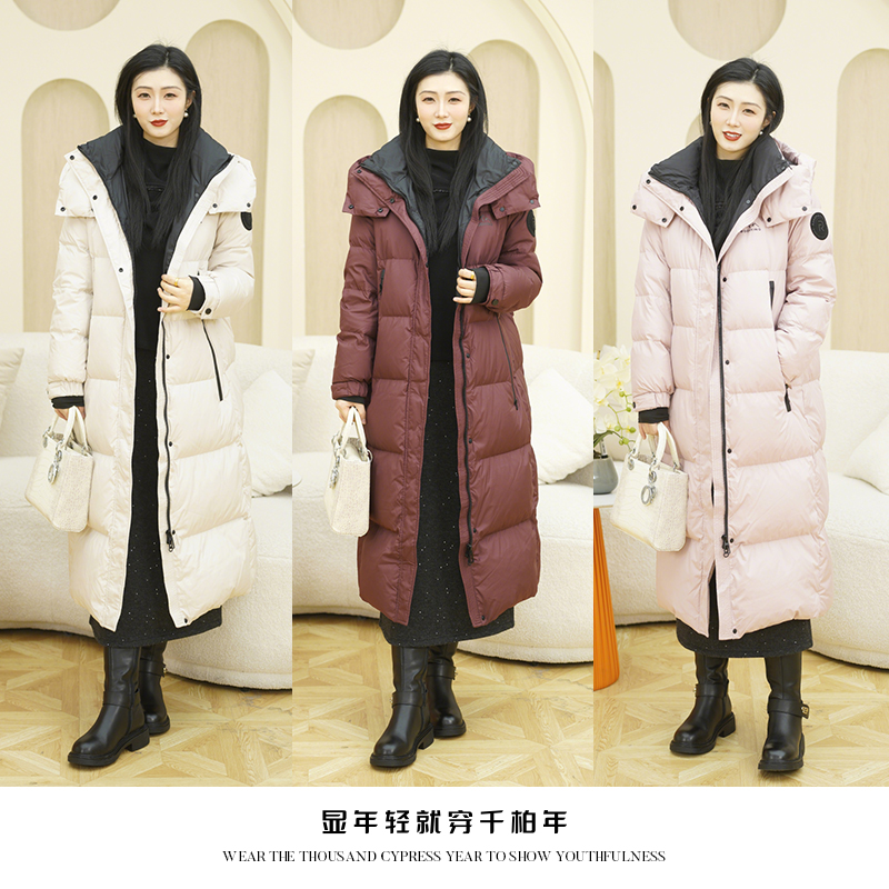 千柏年【法式热红酒】时尚撞色保暖长款过膝加厚白鸭绒C4366